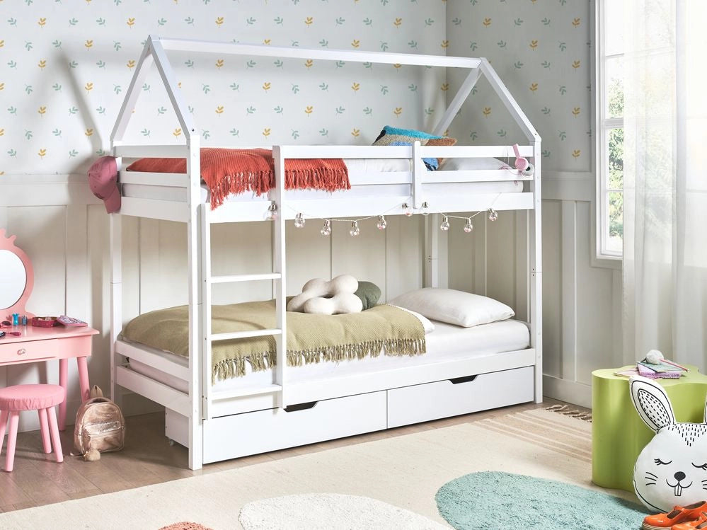 Letto a castello in legno di pino con cassetti bianchi 90 x 200 cm cameretta bambini