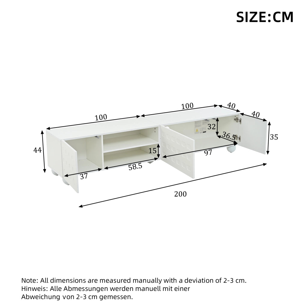 Mobile porta TV per televisore fino a 80 pollici con 3 ante e 2 vani semiaperti per soggiorno bianco 200 × 40 × 44 cm