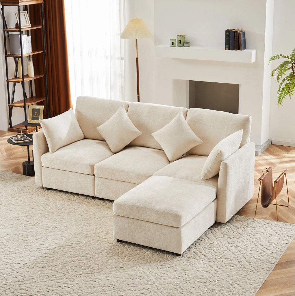 Divano modulare 216x161x81 cm con pouf mobile in chenille beige