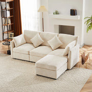 Divano modulare 216x161x81 cm con pouf mobile in chenille beige