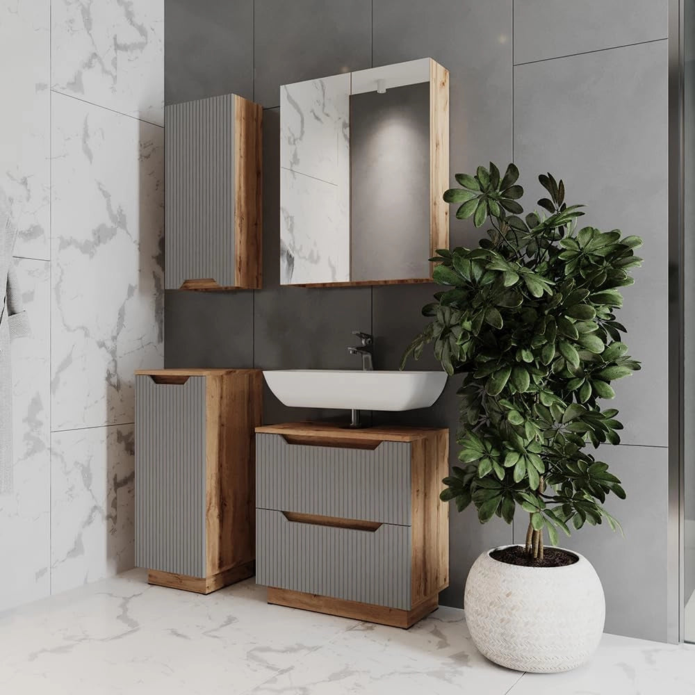 Set di mobili da bagno Lotta, Grigio, 59.8 cm, composto da mobile sottolavabo, specchiera, armadio medio e pensile