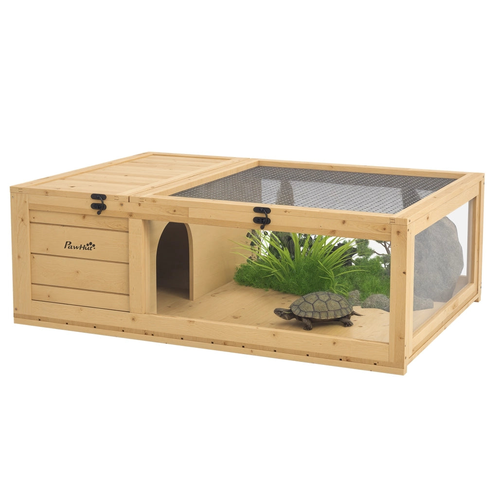 Casetta per Tartarughe in Legno con Tetto a Rete e Pannelli Laterali Trasparenti Estraibili ¨C zephmum ¨C 91x60.5x32 cm Naturale