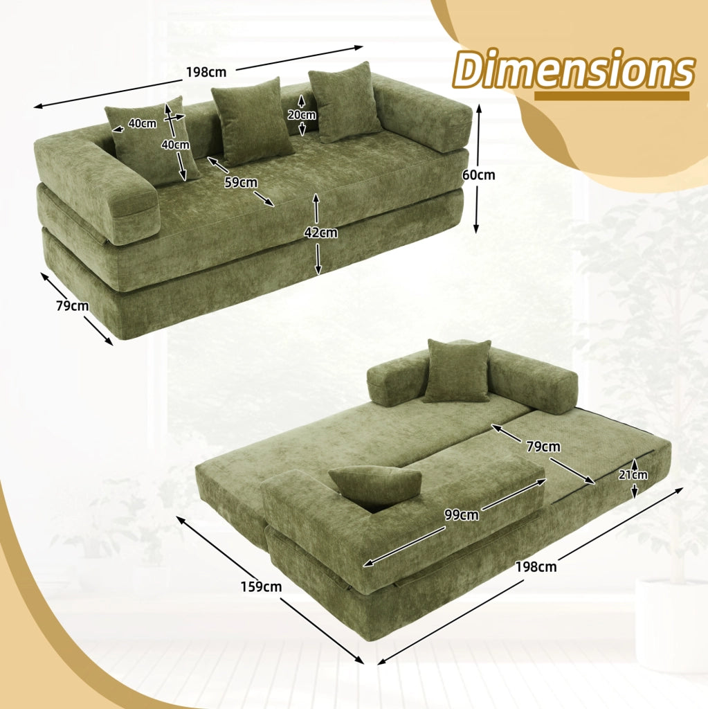 Divano modulare in chenille verde con tasche laterali; 198x79x60 cm; con base antiscivolo