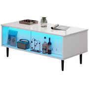 Tavolino da salotto 105x50x43 cm; rialzabile con LED e vano nascosto; truciolato; bianco