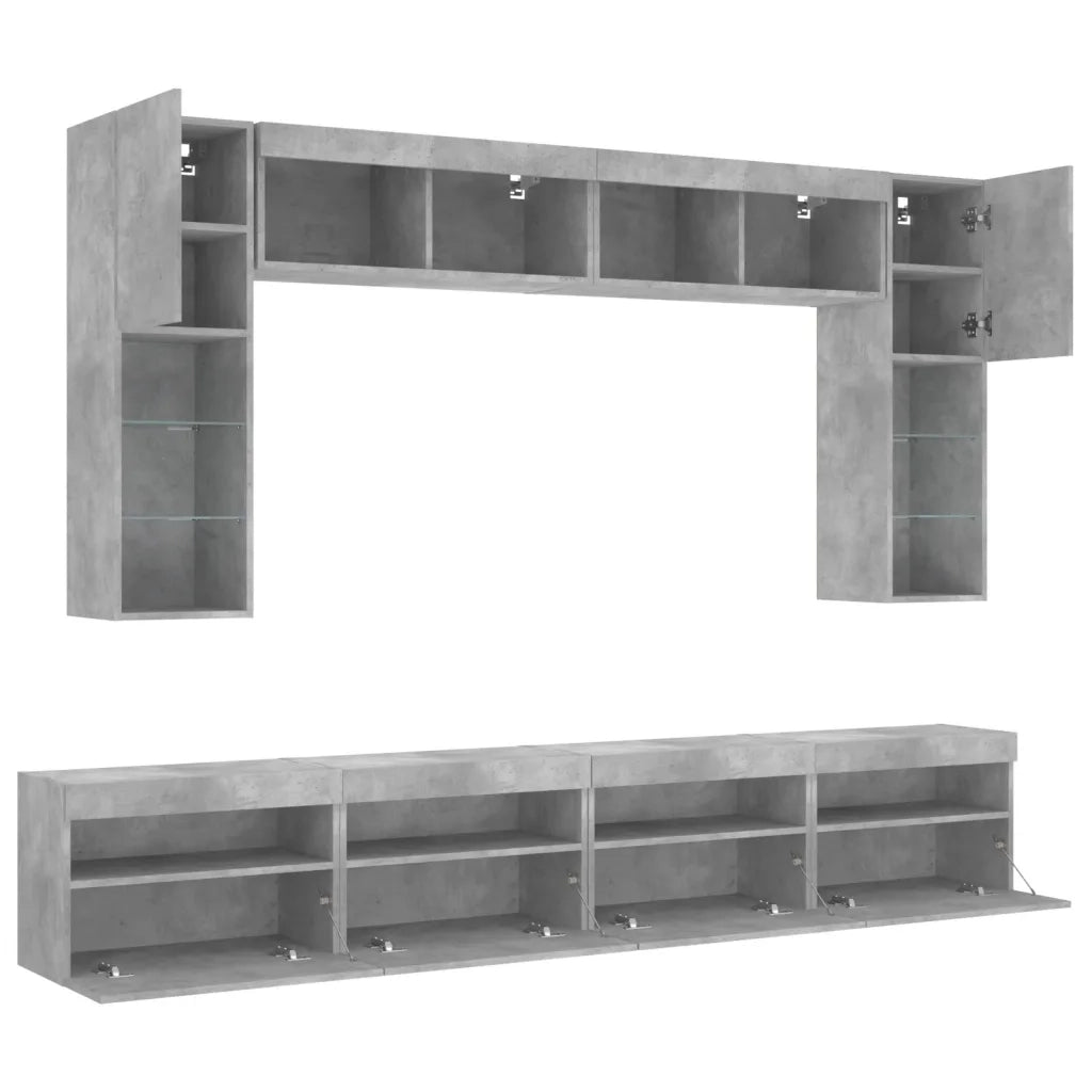 Set Mobili TV a Muro 8 pz con Luci LED Grigio Cemento