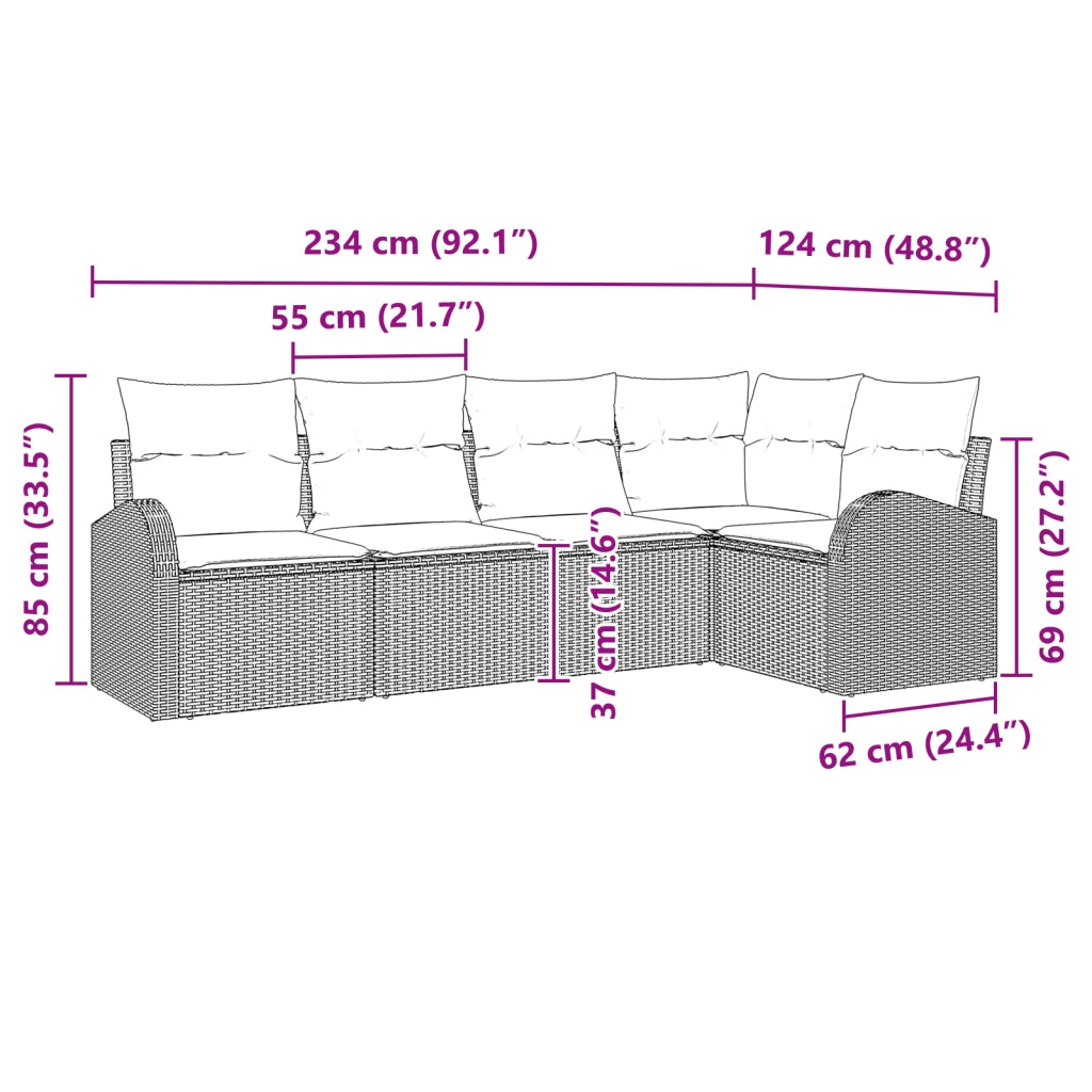 Set Divano da Giardino 5 Pezzi con Cuscini Grigio Chiaro Polyrattan