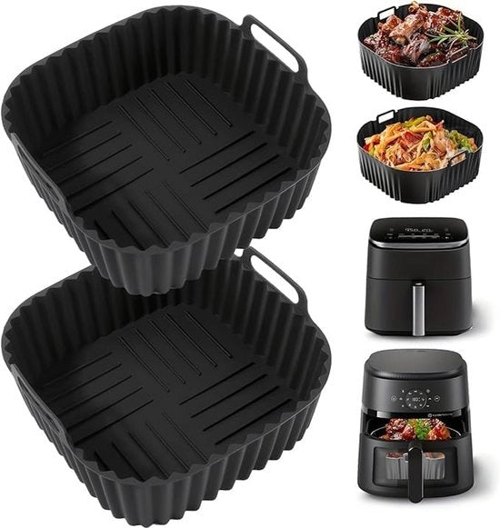 Set di 2 liner per air fryer in silicone quadrato da 7,1 pollici - Riscaldabili e riutilizzabili per 4-7 QT - Accessori per forno e air fryer - Nero