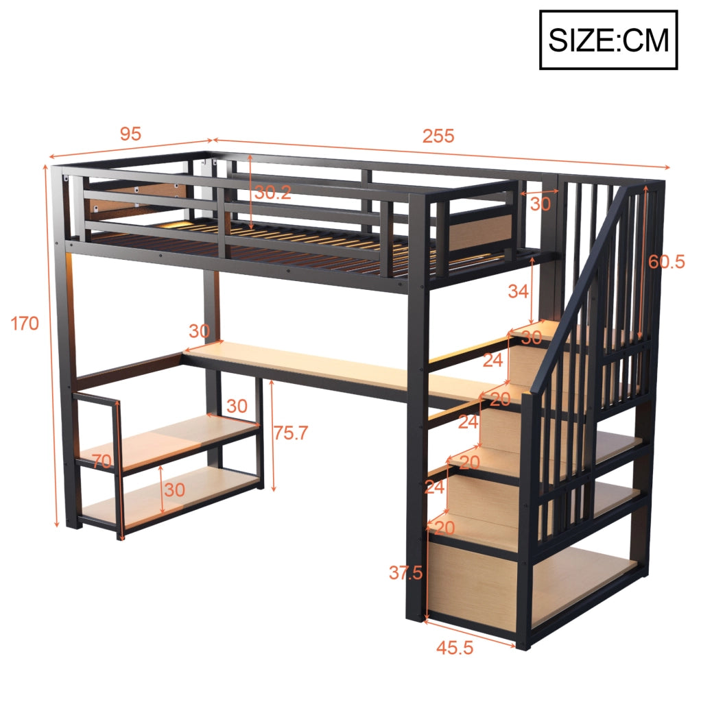 Letto a soppalco 90x200 cm in metallo nero con scala contenitore; scrivania e scaffali