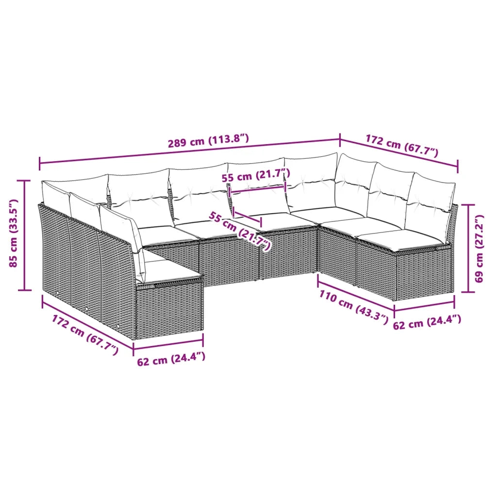 Set Divano da Giardino 9pz con Cuscini Grigio Chiaro Polyrattan