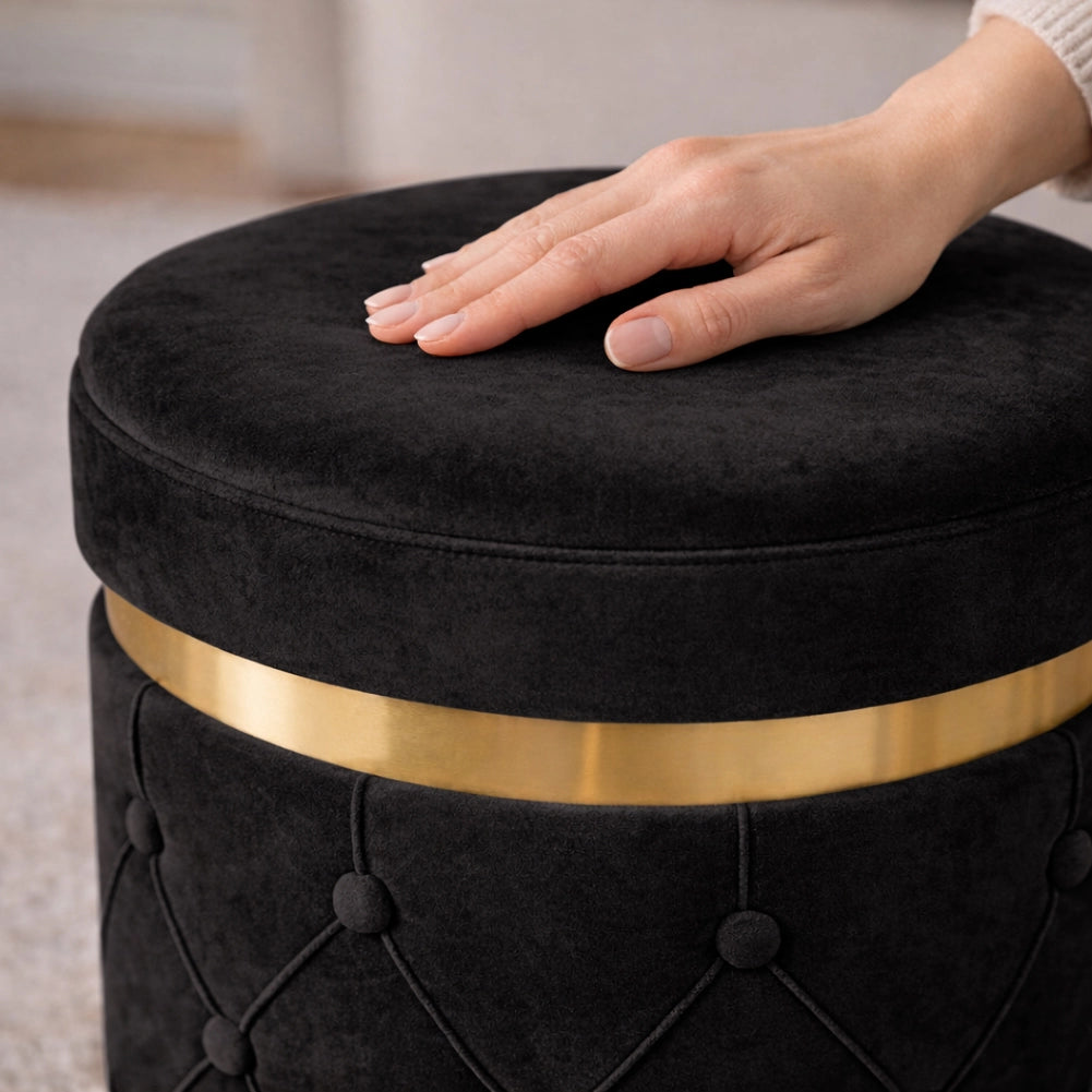 Set 2 Pouf Contenitori Nero in Velluto con Design Trapuntato 38x44cm 31x38cm