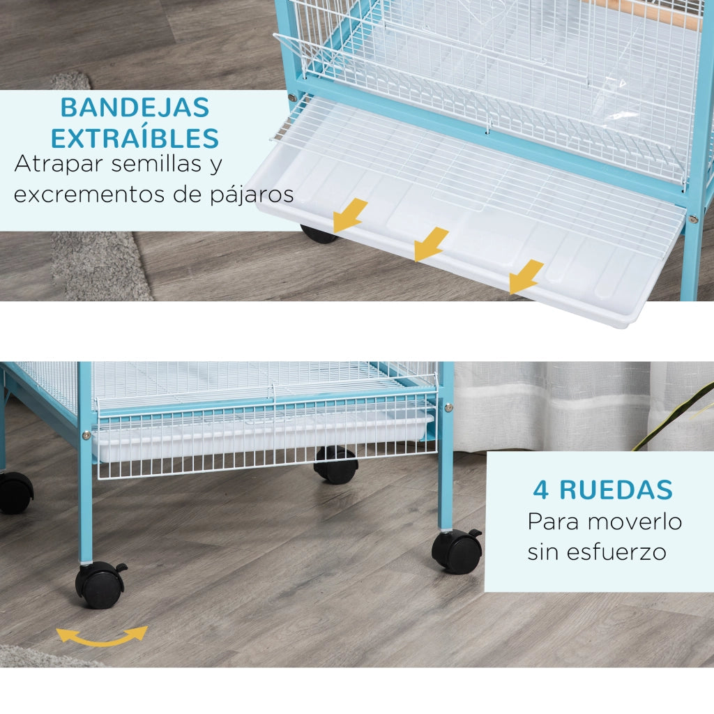 Gabbia per Uccelli a 2 Livelli con Ruote ¨C zephmum ¨C Blu 51.5x50x140 cm
