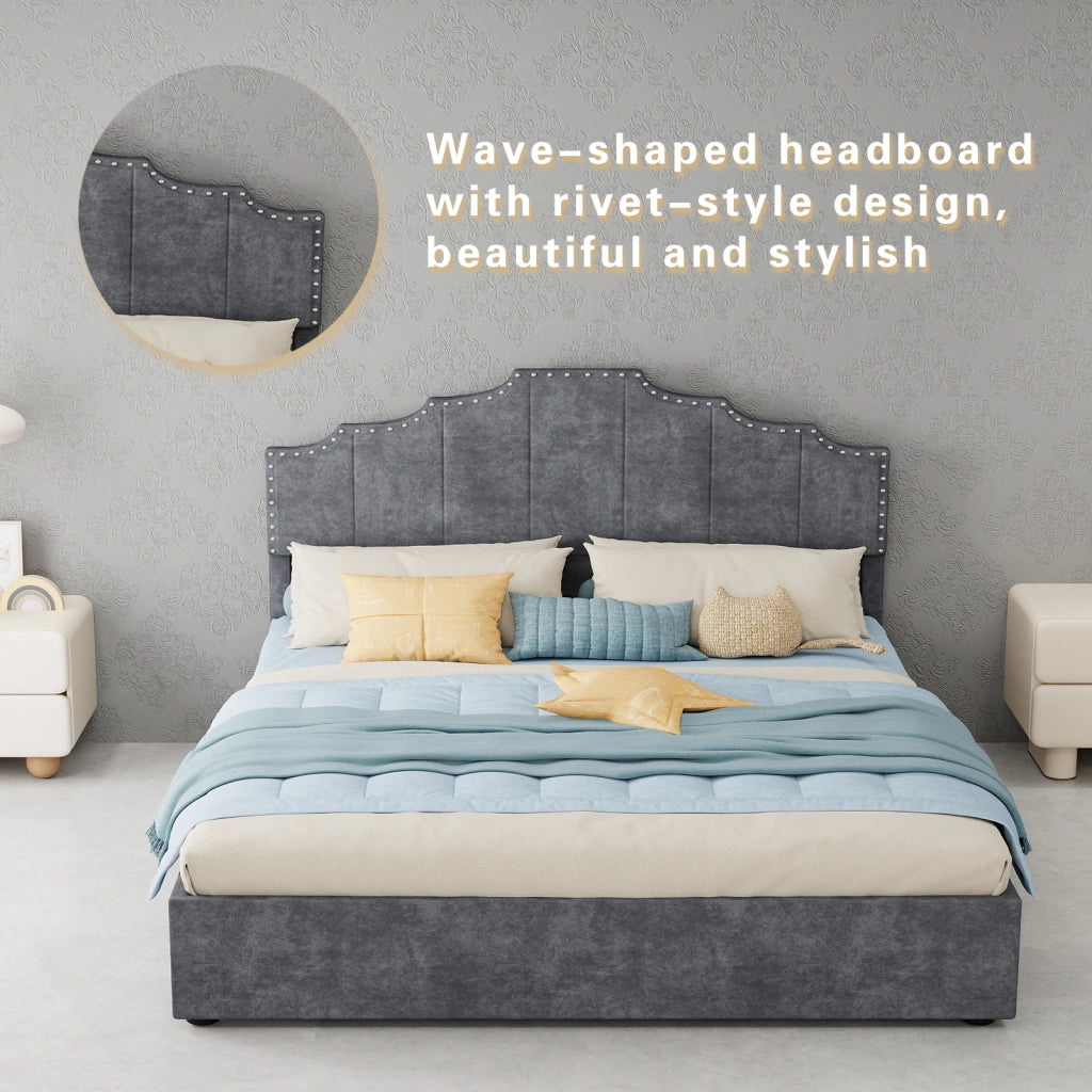 DESMIU Letto matrimoniale 160 × 200 cm in tessuto e metallo, testiera geometrica, senza materasso, grigio