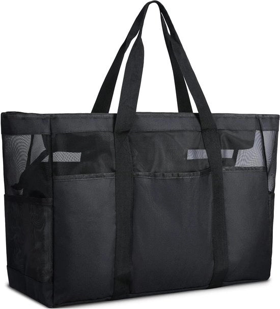 Borsa da Spiaggia XXL per Famiglie con Chiusura a Cerniera - Grande Borsa da Spiaggia per Donne, Ripiegabile - Ideale per Spiaggia, Viaggi, Conservazione Giochi e Palestra - Nero