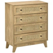Cassettiera con 4 Cassetti e Inserti in Rattan Stile Boho, 80x35x95 cm, Legno Naturale