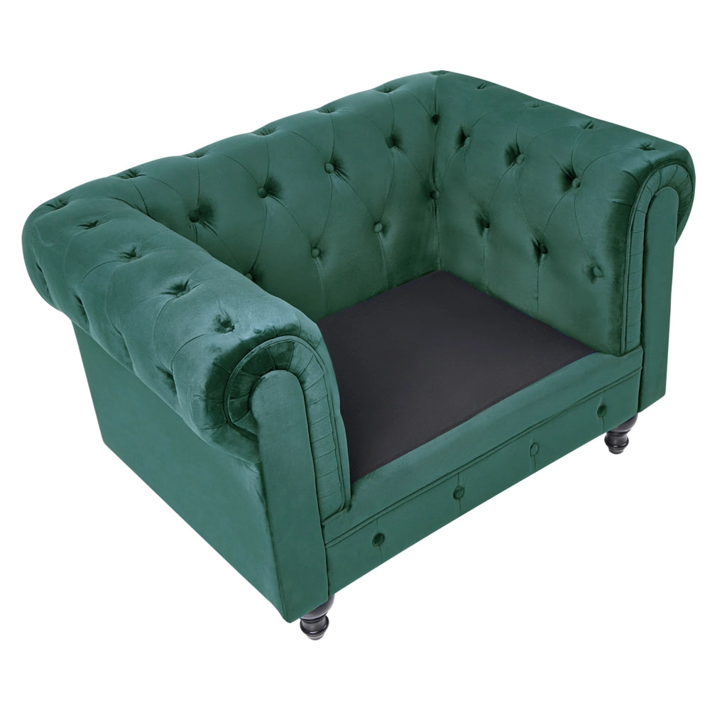 Set da soggiorno Chesterfield rivestimento in tessuto di velluto verde gambe in legno scuro divano a 3 posti + poltrona contemporanea