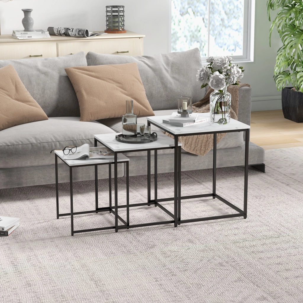 Tavolino nido 3 pezzi con effetto marmo e telaio in acciaio ¨C zephmum ¨C bianco