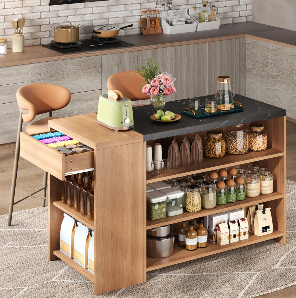 Isola cucina 140x60x90 cm con ampio spazio contenitivo; piano robusto in MDF nero e naturale
