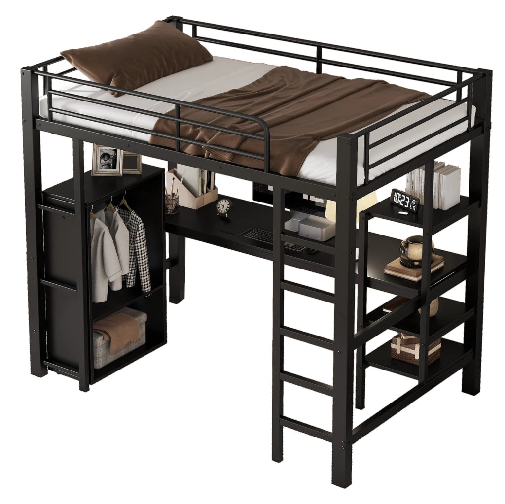 Letto a castello in ferro nero con scrivania e armadio integrato, 90x200 cm, per bambini e adolescenti