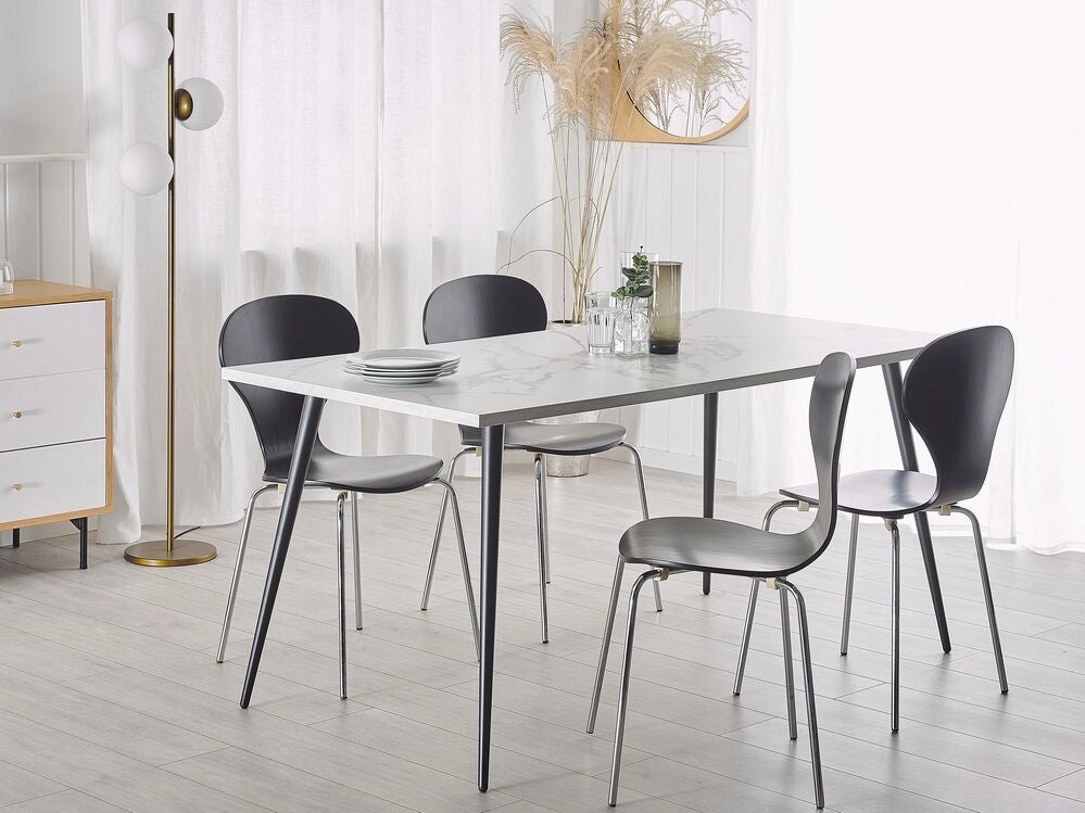 Tavolo da Pranzo Effetto Marmo Bianco Piano Gambe in Metallo Nero Rettangolare 160 x 80 cm per 6 Persone Stile Glamour Moderno