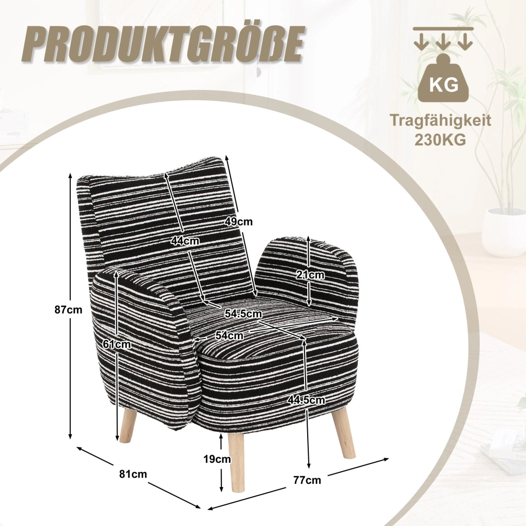 OKWISH Poltrona in Bouclé con Schienale Ergonomico, Tasca Laterale e Gambe in Legno Massello, Nera, 77 x 81 x 87 cm