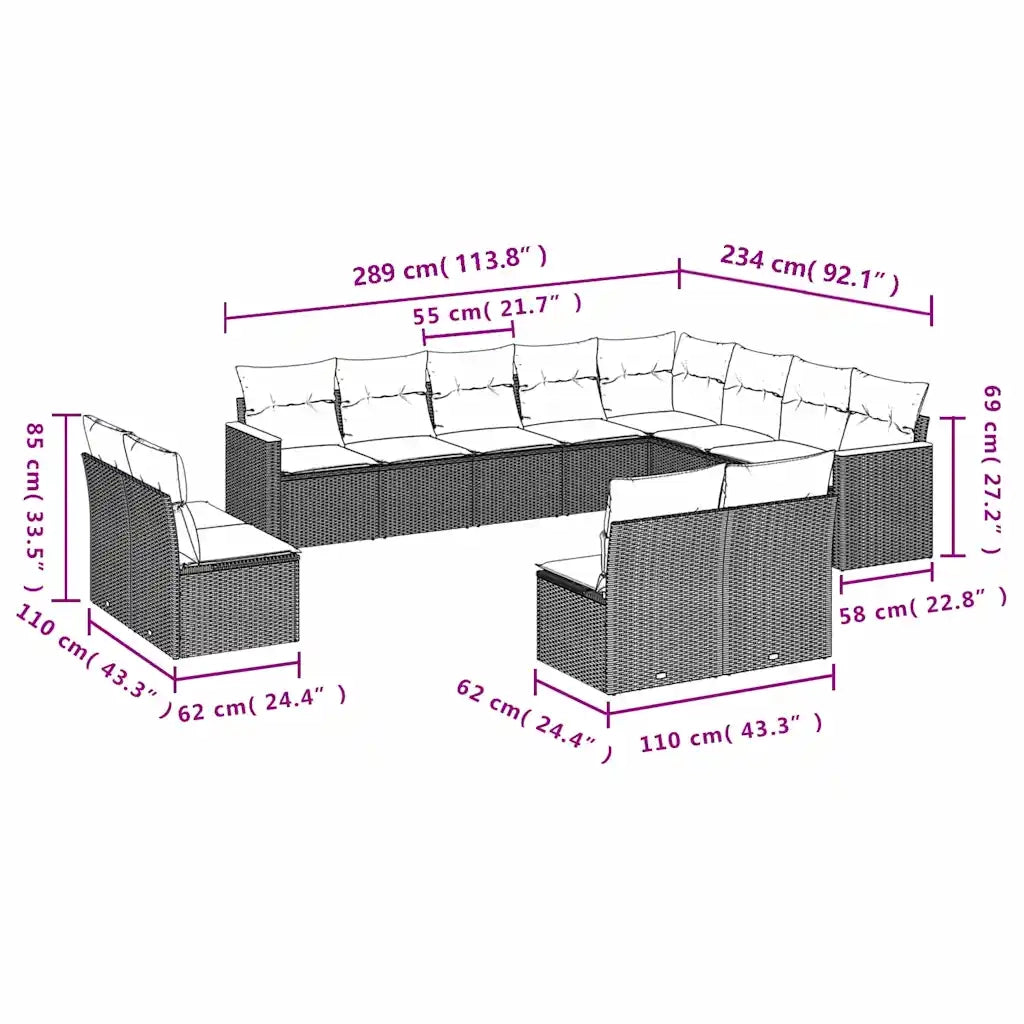 Set Divani da Giardino 12 pz con Cuscini Nero in Polyrattan 3226470