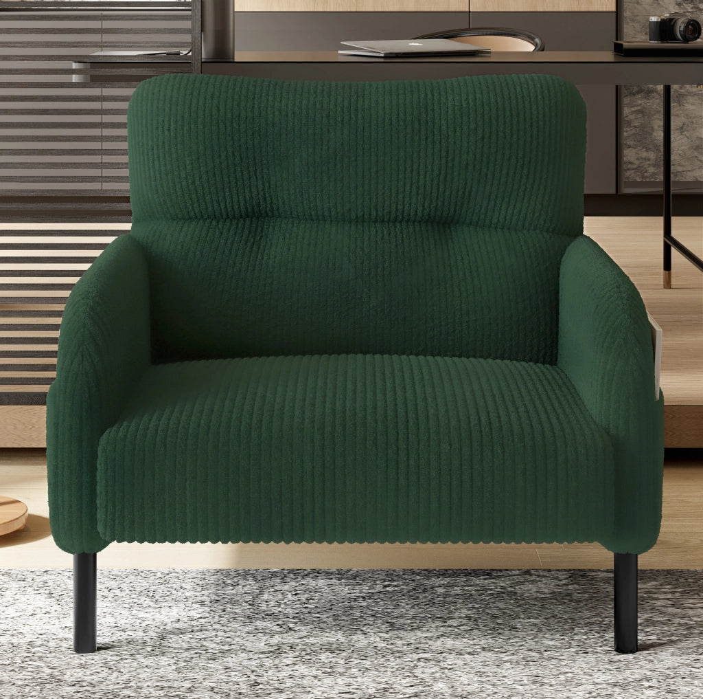 Poltrona singola in corduroy verde smeraldo con tasca laterale; 67 x 75 x 79 cm