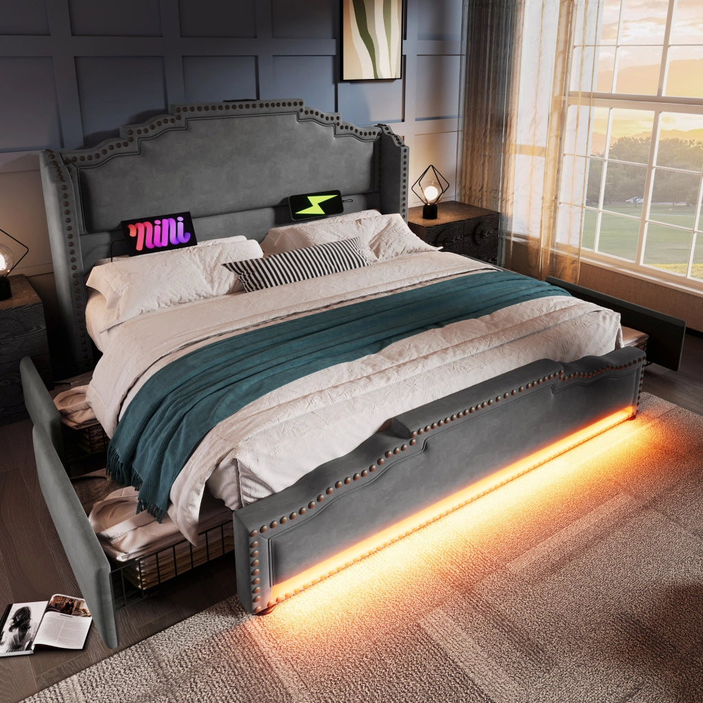LETTO Contenitore 160x200 cm in velluto grigio con LED e USB Type C
