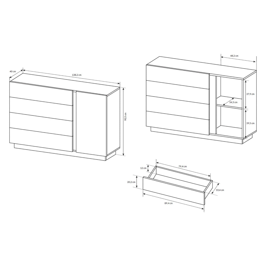 Madia Halana, Credenza 4 Cassetti, 138x40x91h cm Bianco Lucido