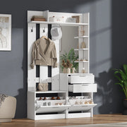 Garderobenschrank multifunzionale bianco 110¡Á34¡Á185 cm con specchio, 2 cassetti, 2 scarpieri ribaltabili e 3 ganci