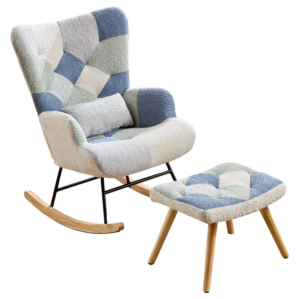 Poltrona a Dondolo con Pouf 122x68x91 cm Beige e Blu Pied-de-Poule; Portata 110 kg