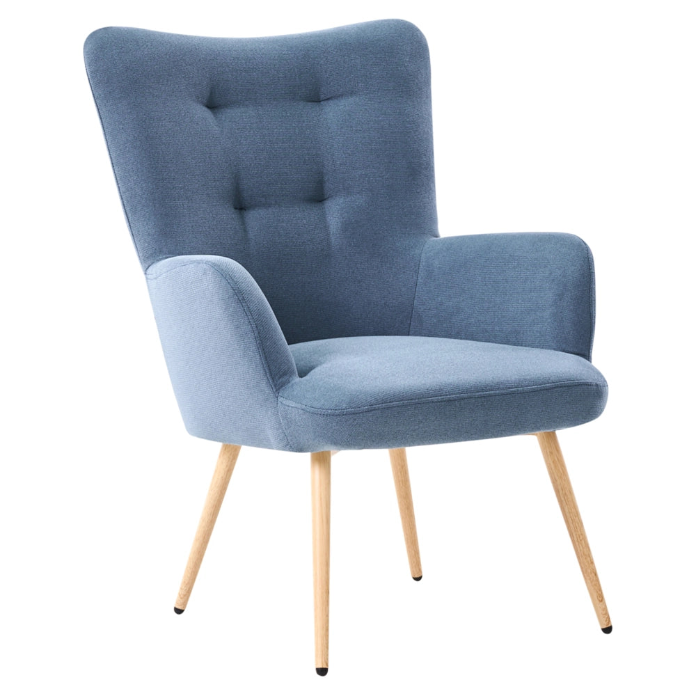 Poltrona Wingback con poggiapiedi in tessuto blu stile retrò con bottoni