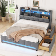 LETTO 140x200 cm con cassetti, LED e USB in lino grigio