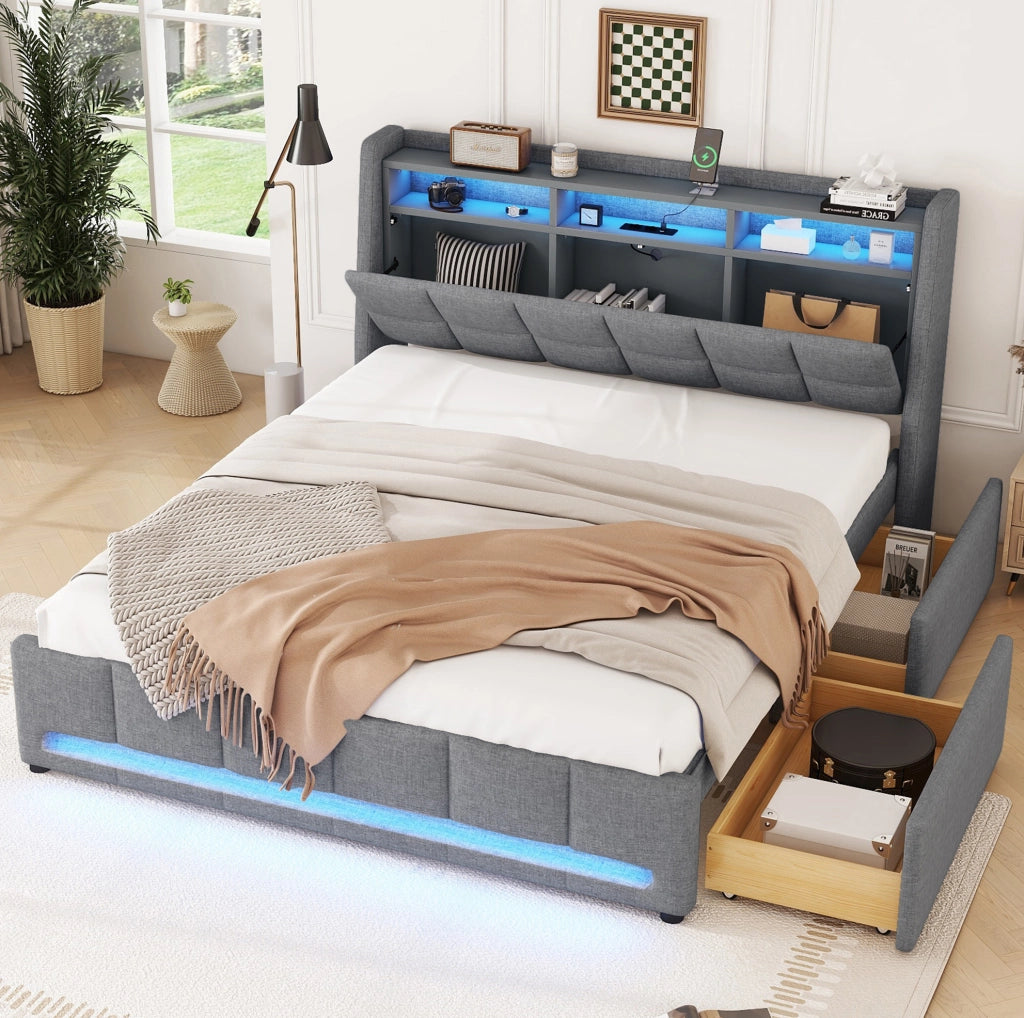 LETTO 140x200 cm con cassetti, LED e USB in lino grigio