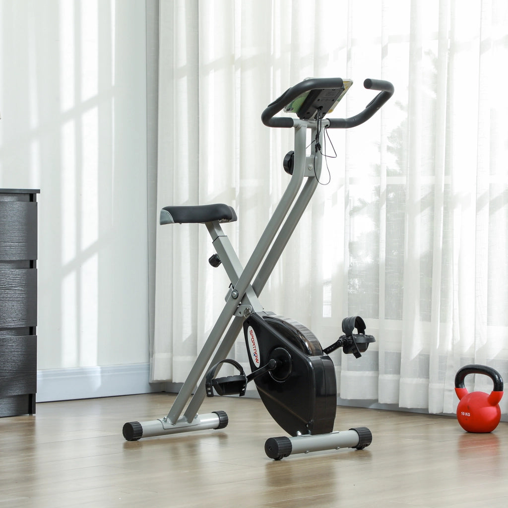 Cyclette Pieghevole Magnetica a 8 Livelli con Display LCD, Rotelle e Sellino Regolabile, Grigio e Nero