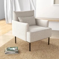Poltrona Moderna d'Arredo con Cuscino Extra, in Tessuto Effetto Lino e Acciaio, 73x81x82 cm, Bianco Crema