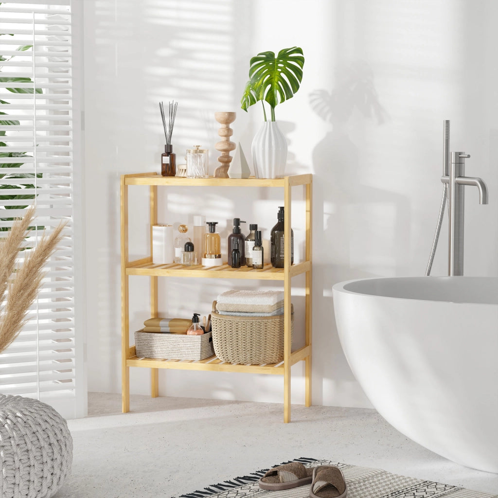 EasyComfort Scaffale Multiuso a 3 Ripiani Salvaspazio in Bambù, Mensola per Bagno, Salotto e Cucina, Facile da Montare, 62x33x80cm, Colore Naturale