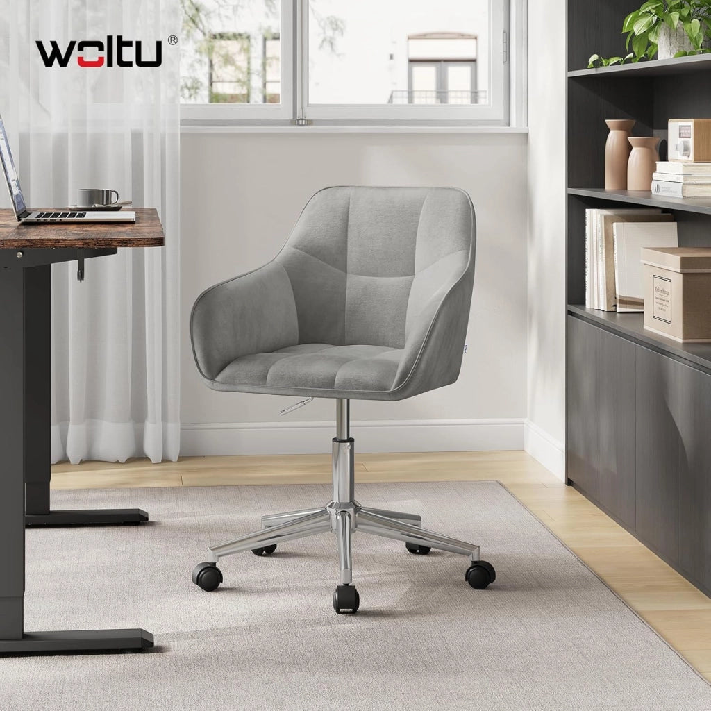 Sedia Ufficio in Velluto con Braccioli e Rotelle, Poltroncina Regolabile in Altezza Girevole, Sedia da Trucco, Grigio Chiaro, BS145hgr