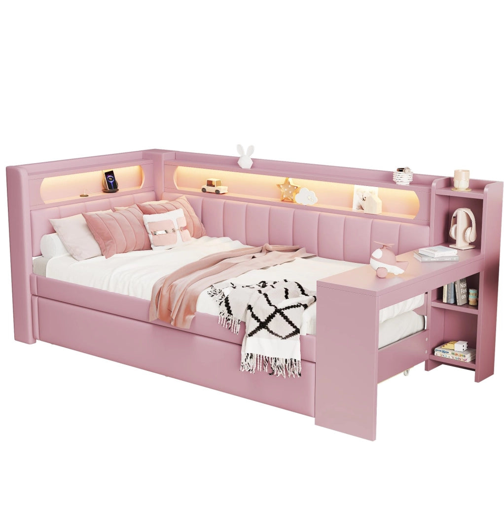 Letto da giorno imbottito rosa 90x200 con LED, USB, letto estraibile e scrivania