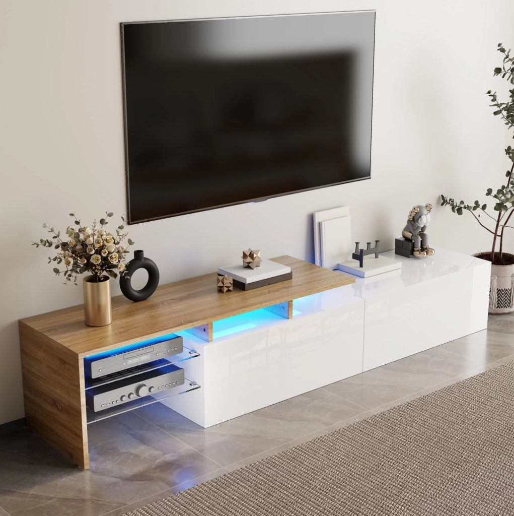 Mobile porta TV con LED 16 colori, 170 cm, bianco e legno