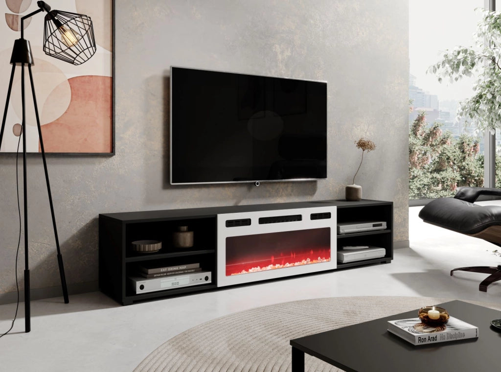 Mobile porta TV soggiorno con caminetto bianco ROLLO cm 180x33x37-39h Nero opaco