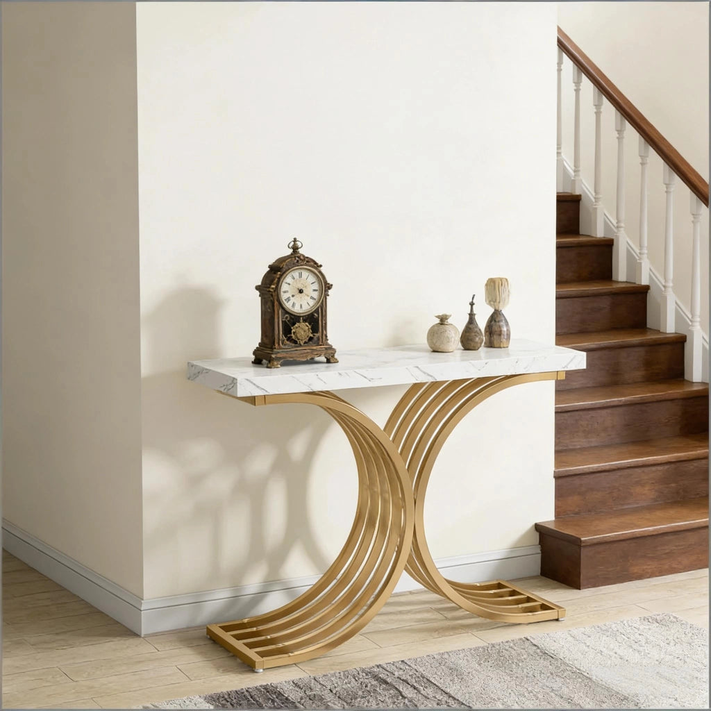 Consolle con piano effetto marmo e struttura in metallo dorato per ingresso e soggiorno bianco e oro 100 × 30 × 80 cm