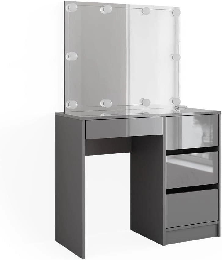Vicco Tavolo da toeletta Sherry, Grigio, 90 cm con illuminazione a LED e sgabello, sgabello regolabile in altezza con funzione girevole a 360° per adattamento della seduta