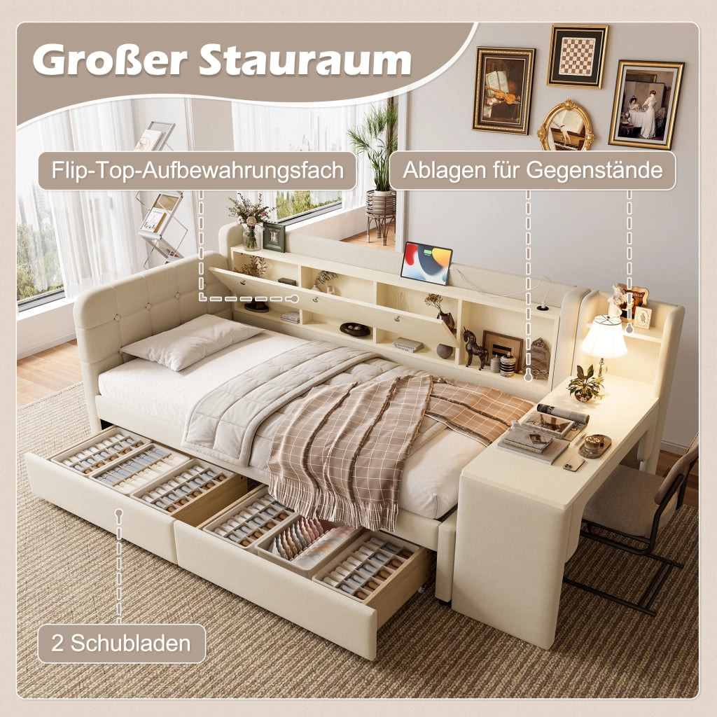 DESMIU Letto banquette 90 × 200 cm 1 posto con 2 cassetti, scrivania, USB e Type-C, senza materasso, beige