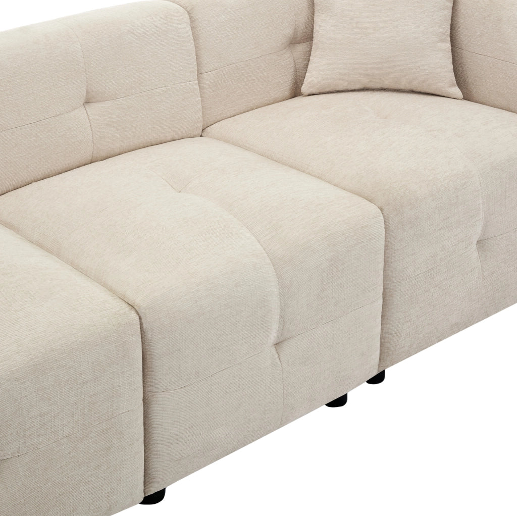 Divano modulare 3 posti ULEVR in ciniglia beige con pouf contenitore e 2 cuscini, 204x126 cm