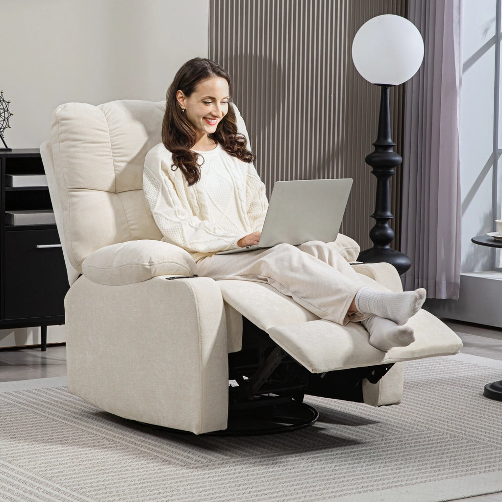 Poltrona Relax Reclinabile 135° 88x96x108 cm con Portabicchieri e Poggiapiedi in Tessuto Effetto Lino Beige