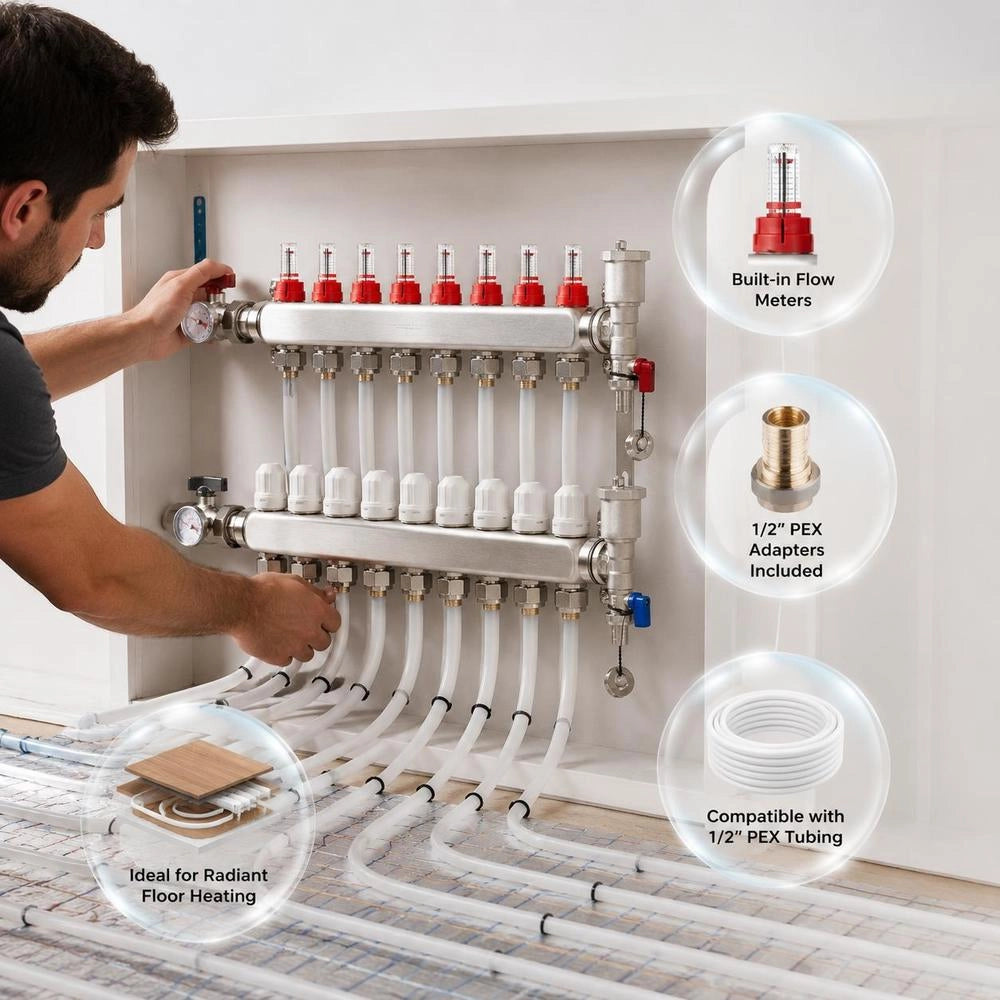 8-branch Heat Distribution Manifold, 1/2-inch PEX Pipe Manifold, Stainless Steel PEX Manifold For Hydronic Underfloor Heating, Heat Distribution PEX Manifold Set With 1/2-inch Adapters Included
