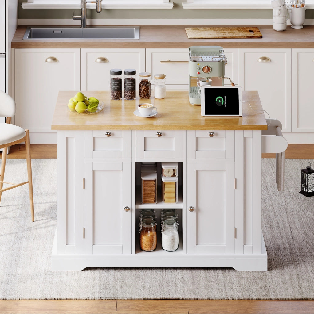Isola cucina mobile con piano pieghevole e presa USB, 132 cm
