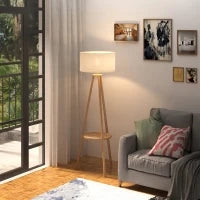 Lampada da Terra con Ripiano Intermedio Paralume in Lino Interruttore a Pedale Risparmio Energetico Altezza 154cm, Legno, 50x50x154 cm