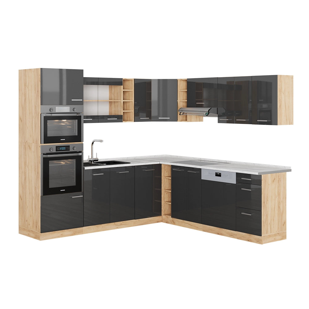 Cucina angolare completa R-Line Antracite lucido/Rovere dorato 247 x 60 cm, PL Marmo Vicco