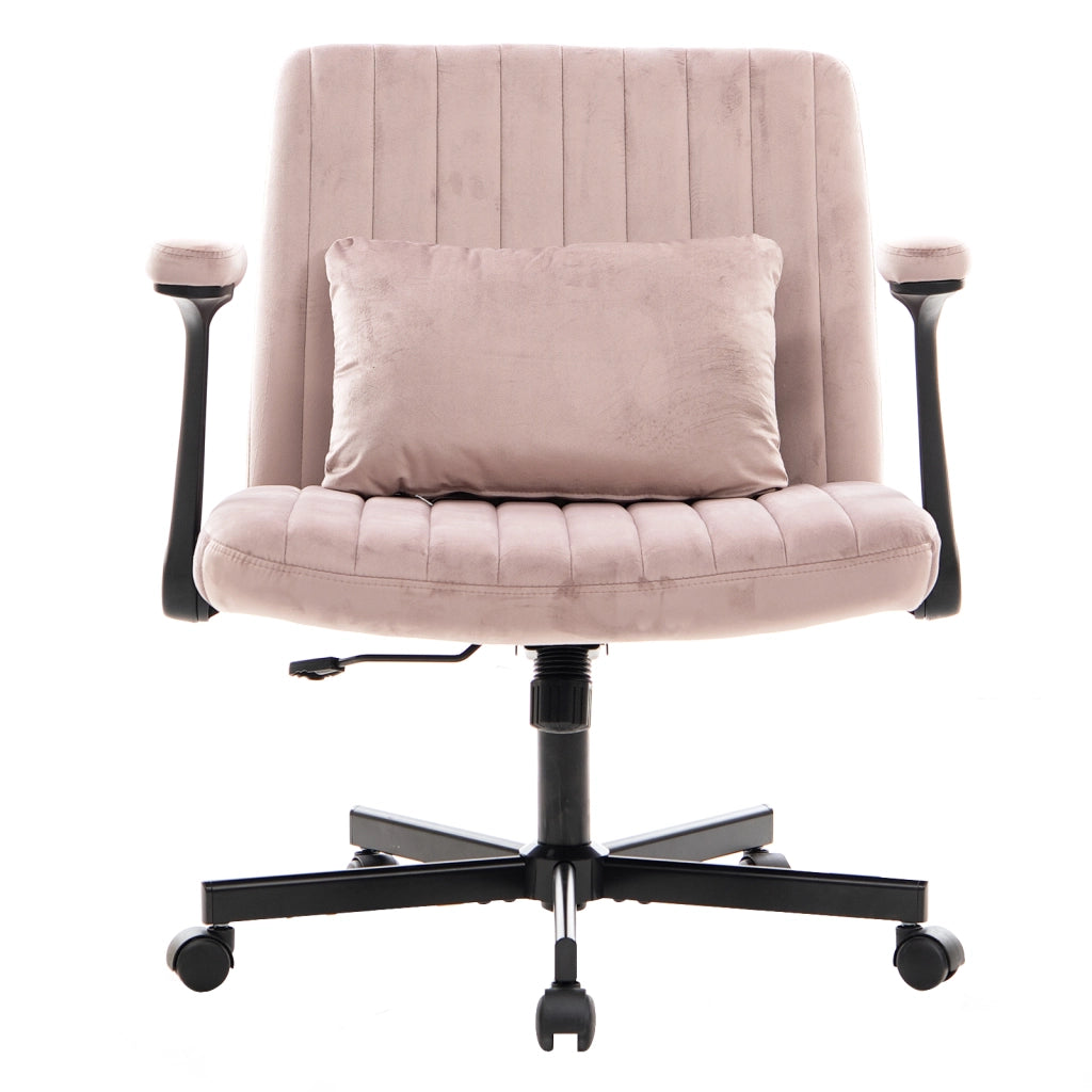 Sedia da ufficio girevole in velluto rosa con braccioli ribaltabili, altezza regolabile, ruote silenziose e base in metallo